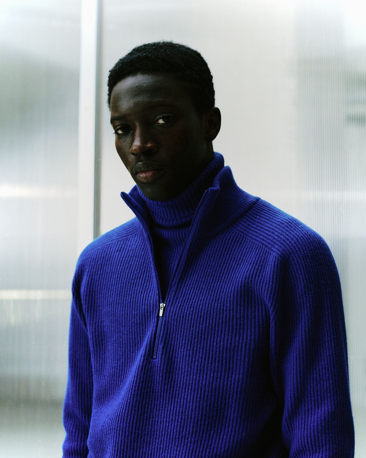 Mann trägt einen blauen Rollkragenpullover mit Reißverschlusskragen. Er blickt in die Kamera.