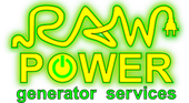 Logo for "RAW POWER generator services" in green and yellow. Text shows a power cord shaped as the words.
