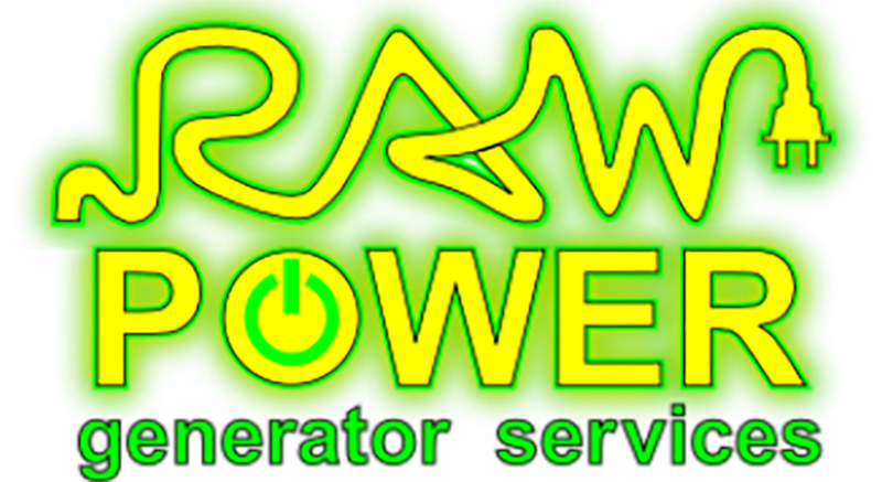 Logo for "RAW POWER generator services" in green and yellow. Text shows a power cord shaped as the words.