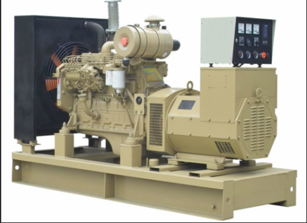 Tan diesel generator on a metal base, with a control panel and cooling fan.