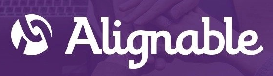 The white logo for the business networking platform Alignable, featuring a stylized icon, set against a purple background.