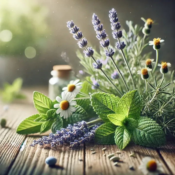 Auf dem Tisch stehen viele verschiedene Blumen und Kräuter.