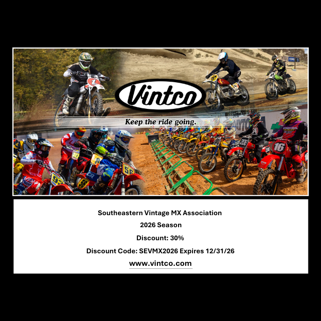 Motorcycle racing advertisement with riders and a discount code for Vintco.