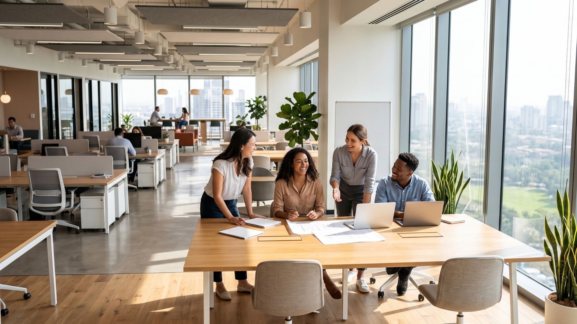 A facility manager and colleagues enjoy a clean office environment with freshly maintained carpets.
