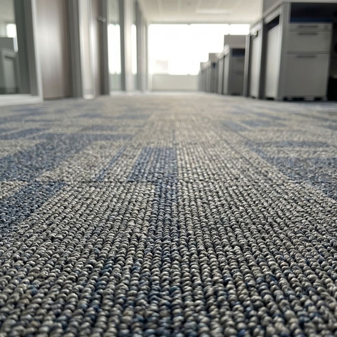  A close-up view of a freshly cleaned commercial office carpet showing pristine fibers.