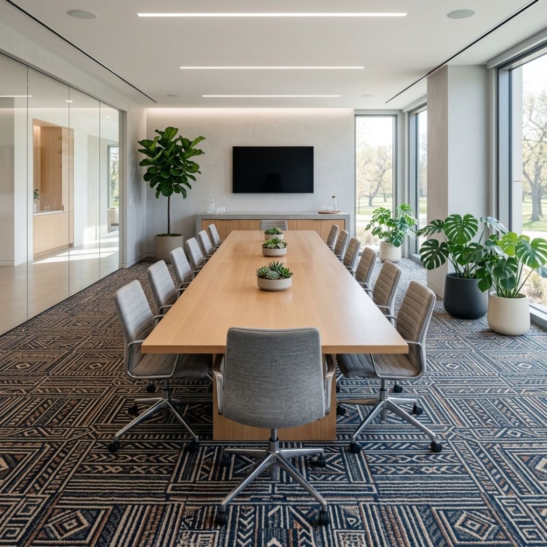 An empty, brightly lit modern conference room showcasing clean floors and a healthy environment.