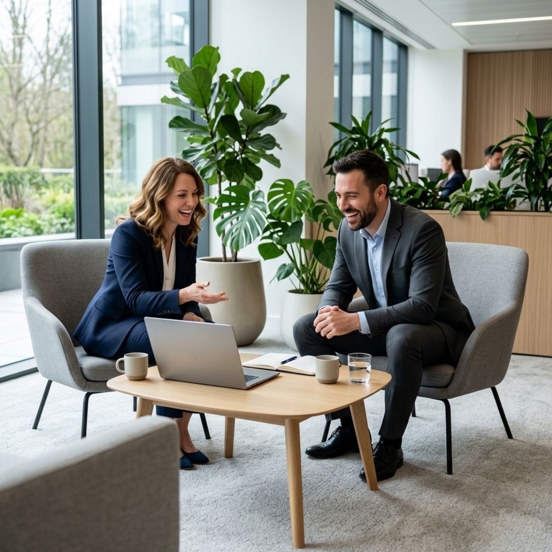 Two business colleagues having a productive meeting in a clean and vibrant office lounge.