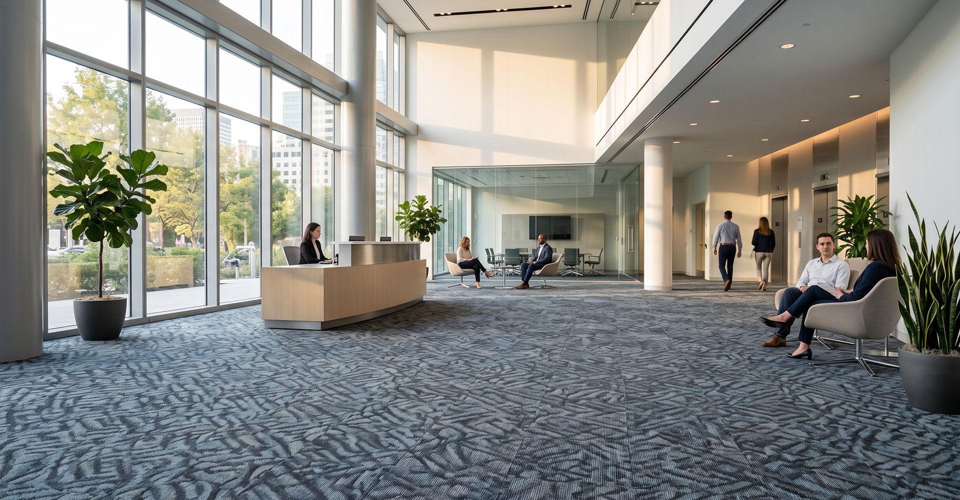 Freshly cleaned commercial carpeting in a bright, modern Omaha office lobby.