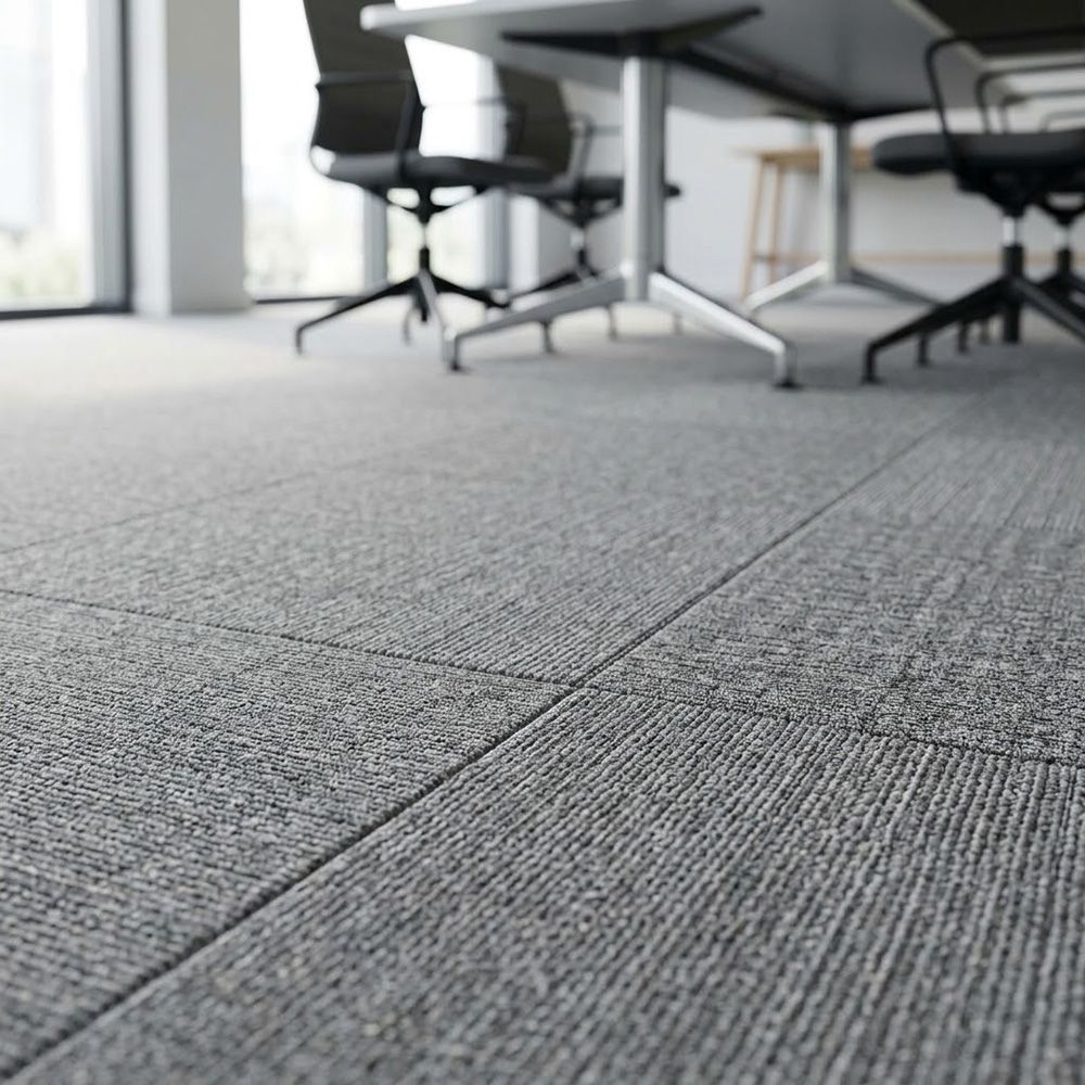 Spotless grey commercial carpet tiles in a modern business conference room.