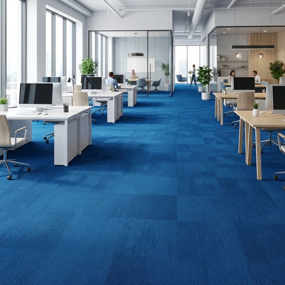 Clean blue commercial carpeting featured in a modern open-plan office space.