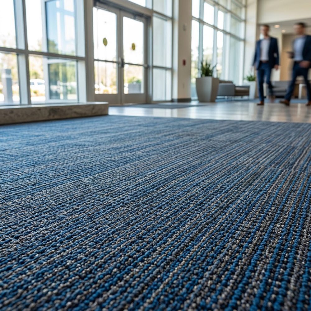 Vibrantly clean entryway carpet in a high-traffic corporate business area.