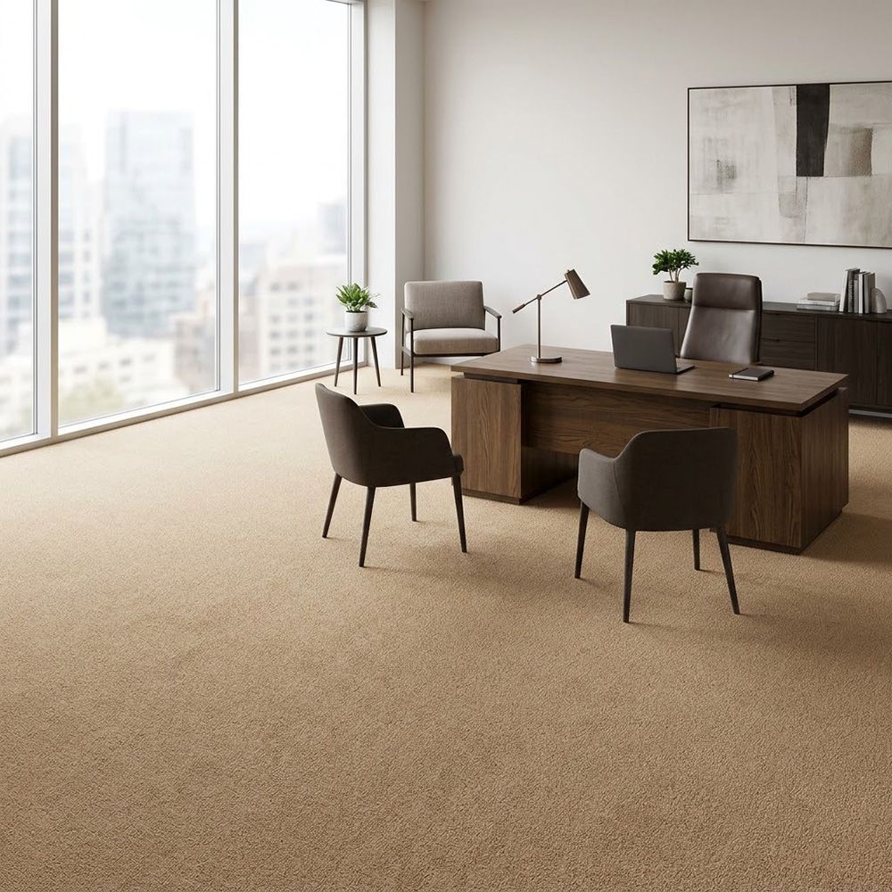 Flawlessly cleaned textured tan carpet in a professional executive office.