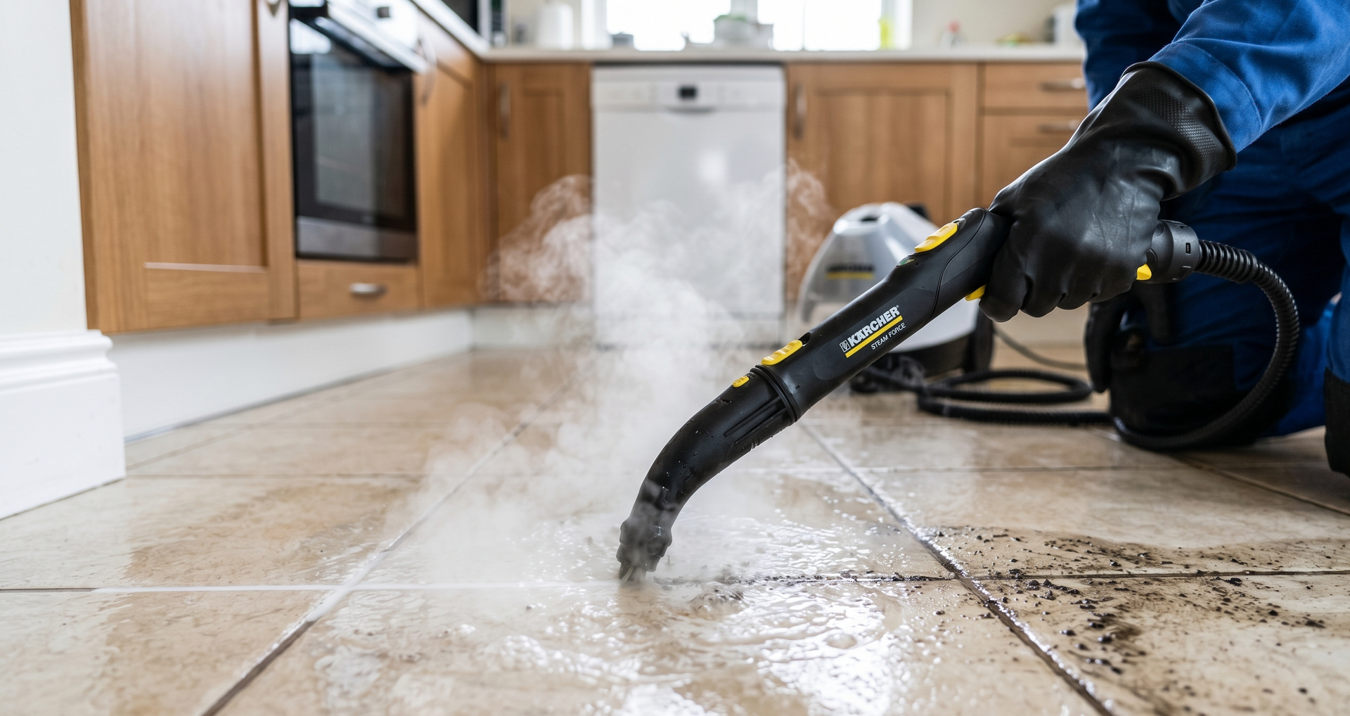 Steam cleaner sanitizing a tiled kitchen floor beside wooden cabinets and an oven.