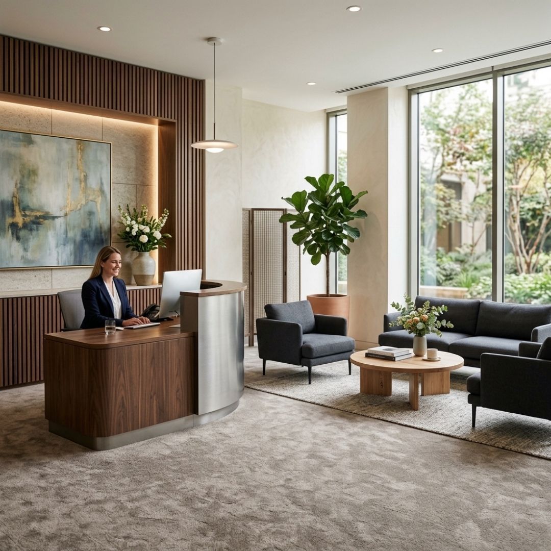 A pristine corporate reception area showcasing excellent commercial floor care.