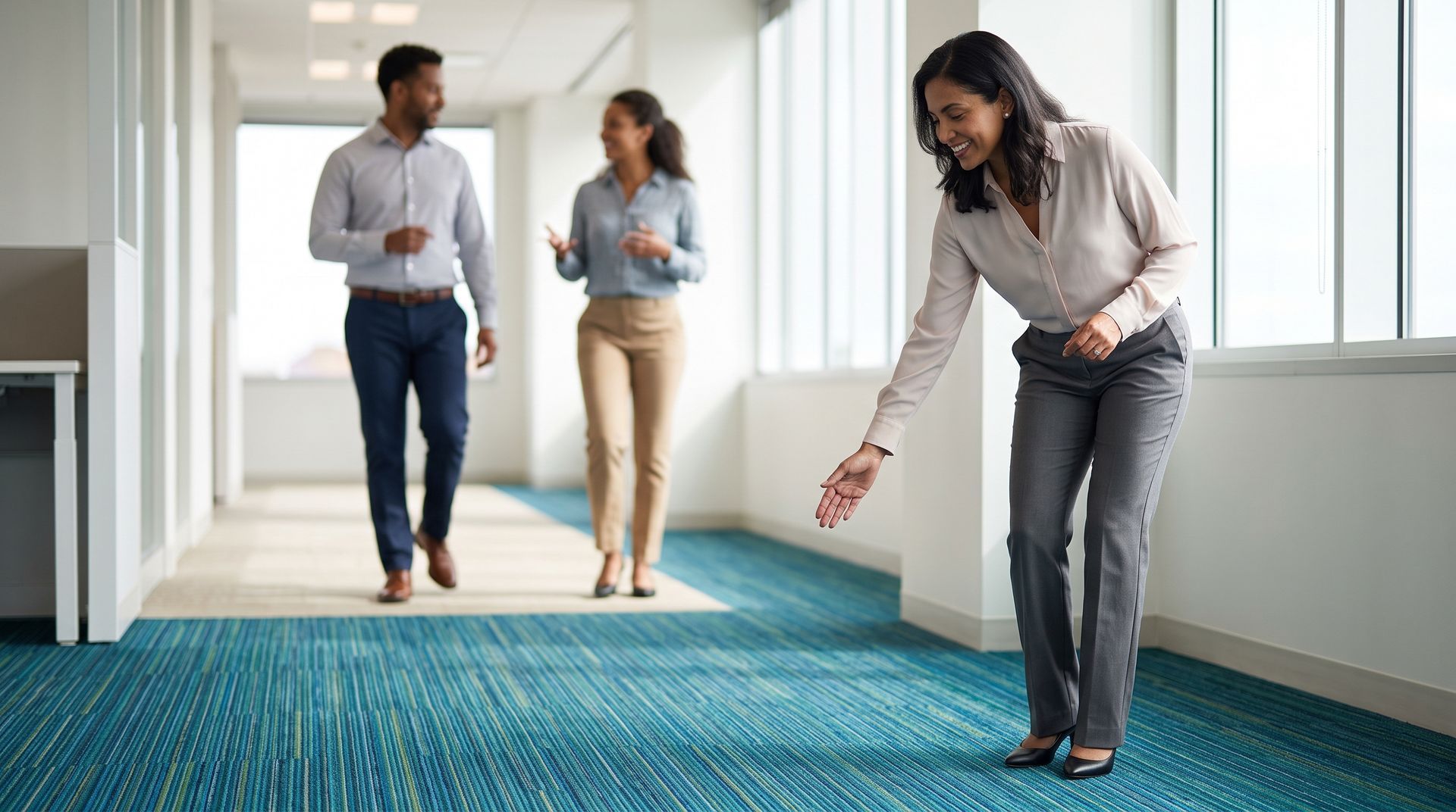 A facility manager and colleagues enjoy a clean office environment with freshly maintained carpets.