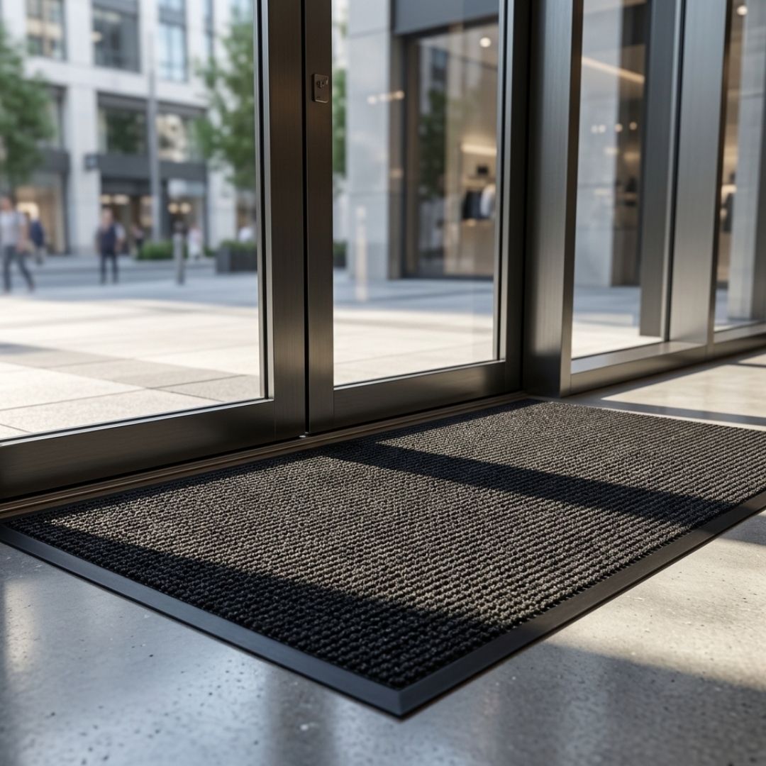 a sleek, dark-colored walk-off mat placed neatly at the glass entrance doors