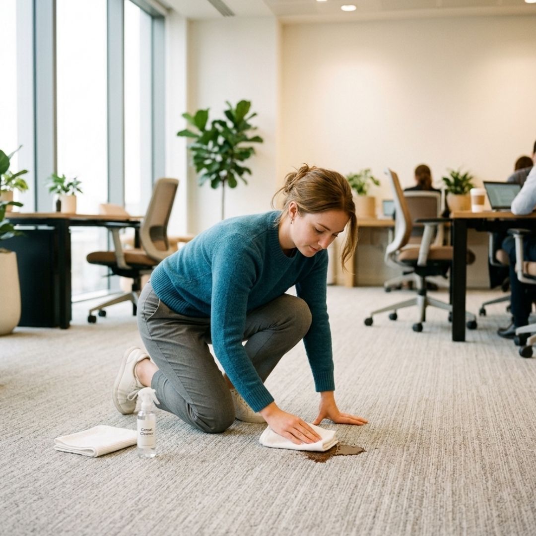 A person gently blotting a small spill on a light-colored commercial carpet with a clean white cloth