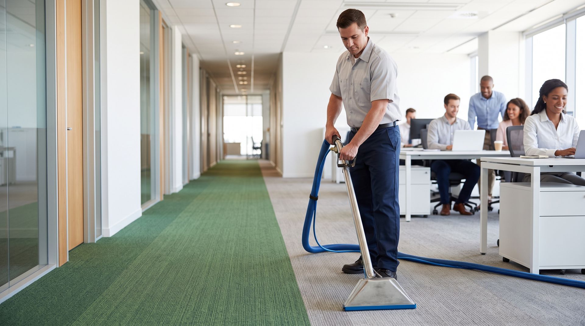 A uniformed Big Red's clean technician operates an industrial carpet cleaner in a modern office.
