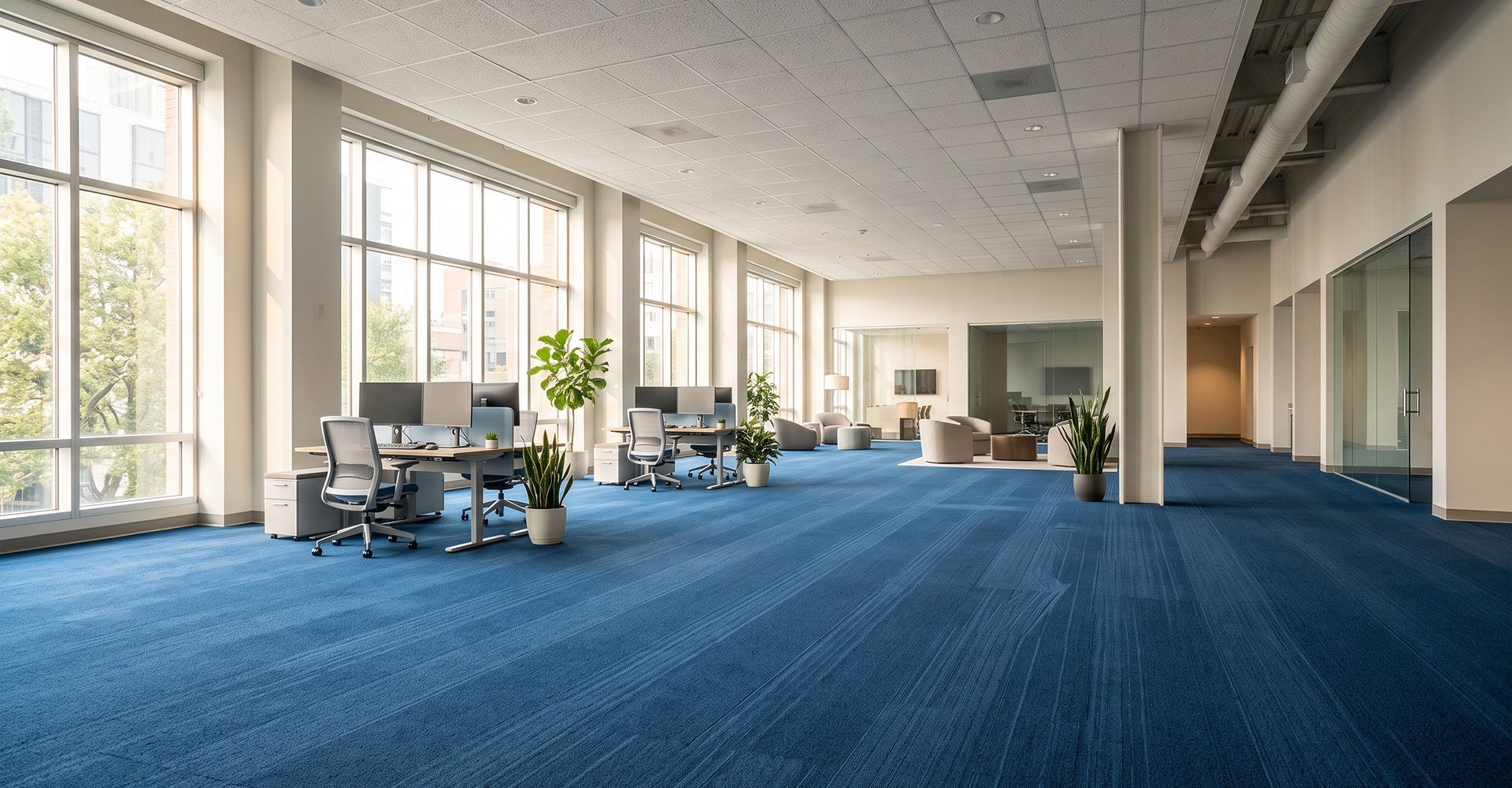A modern office space featuring freshly cleaned, spotless commercial carpeting in Omaha.