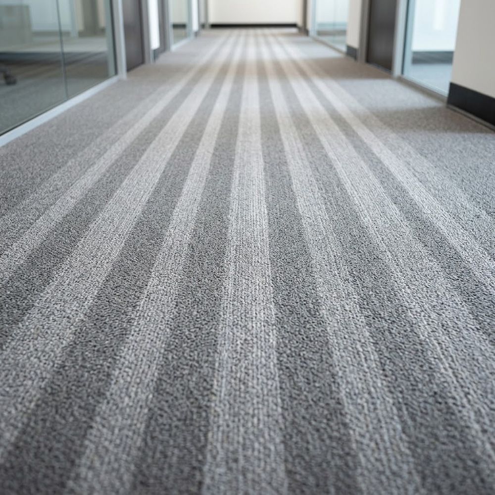 Close-up of freshly cleaned commercial carpet fibers in a corporate hallway showing perfect vacuum lines.