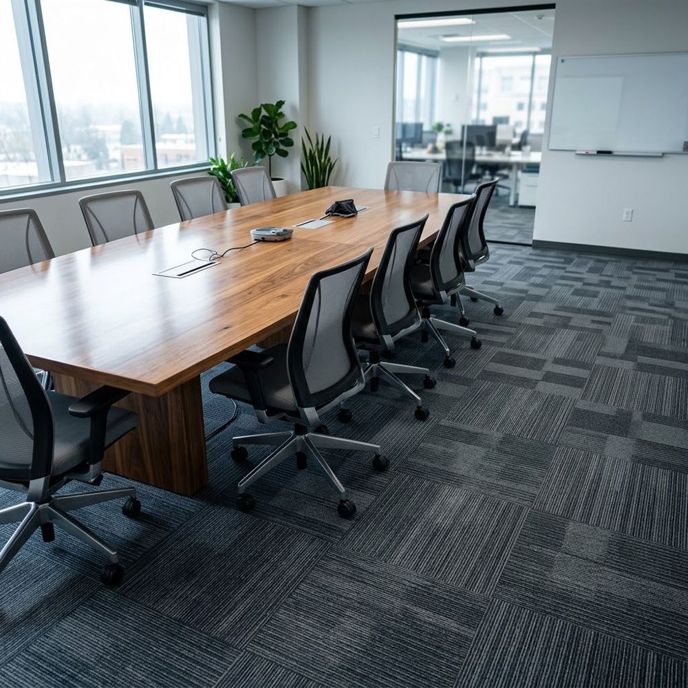 A modern boardroom in Omaha featuring completely spotless, deep-cleaned commercial carpet flooring.