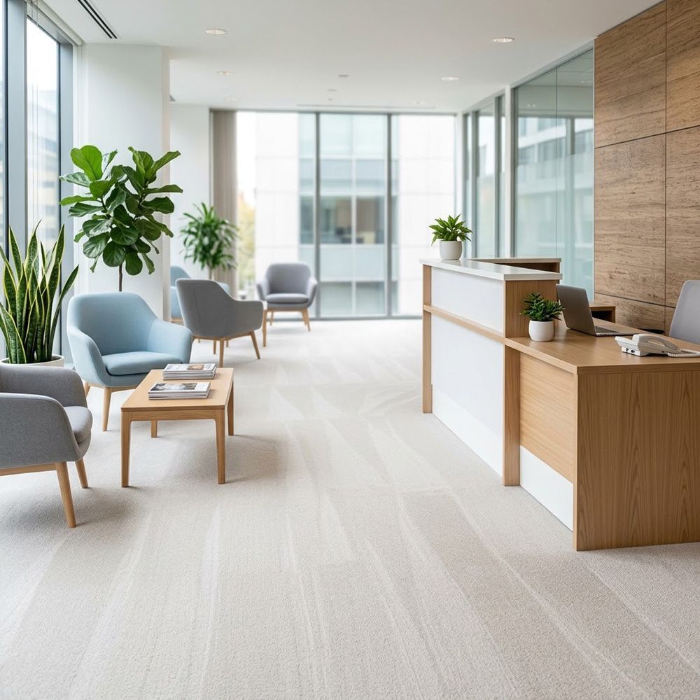 Vibrantly clean entryway carpet in a high-traffic corporate business area.