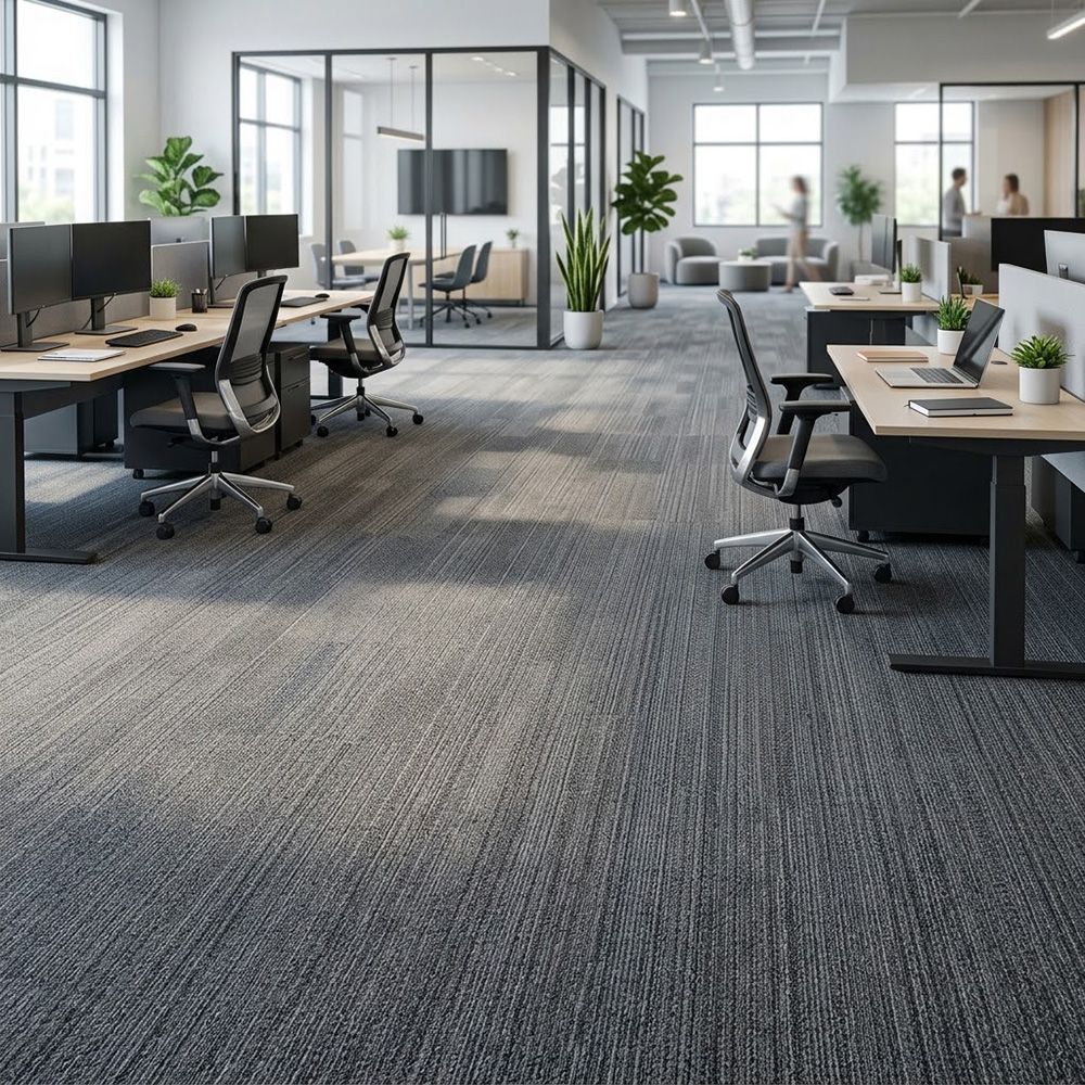 Immaculate open-plan office workstation area featuring freshly shampooed and beautifully maintained commercial carpets.