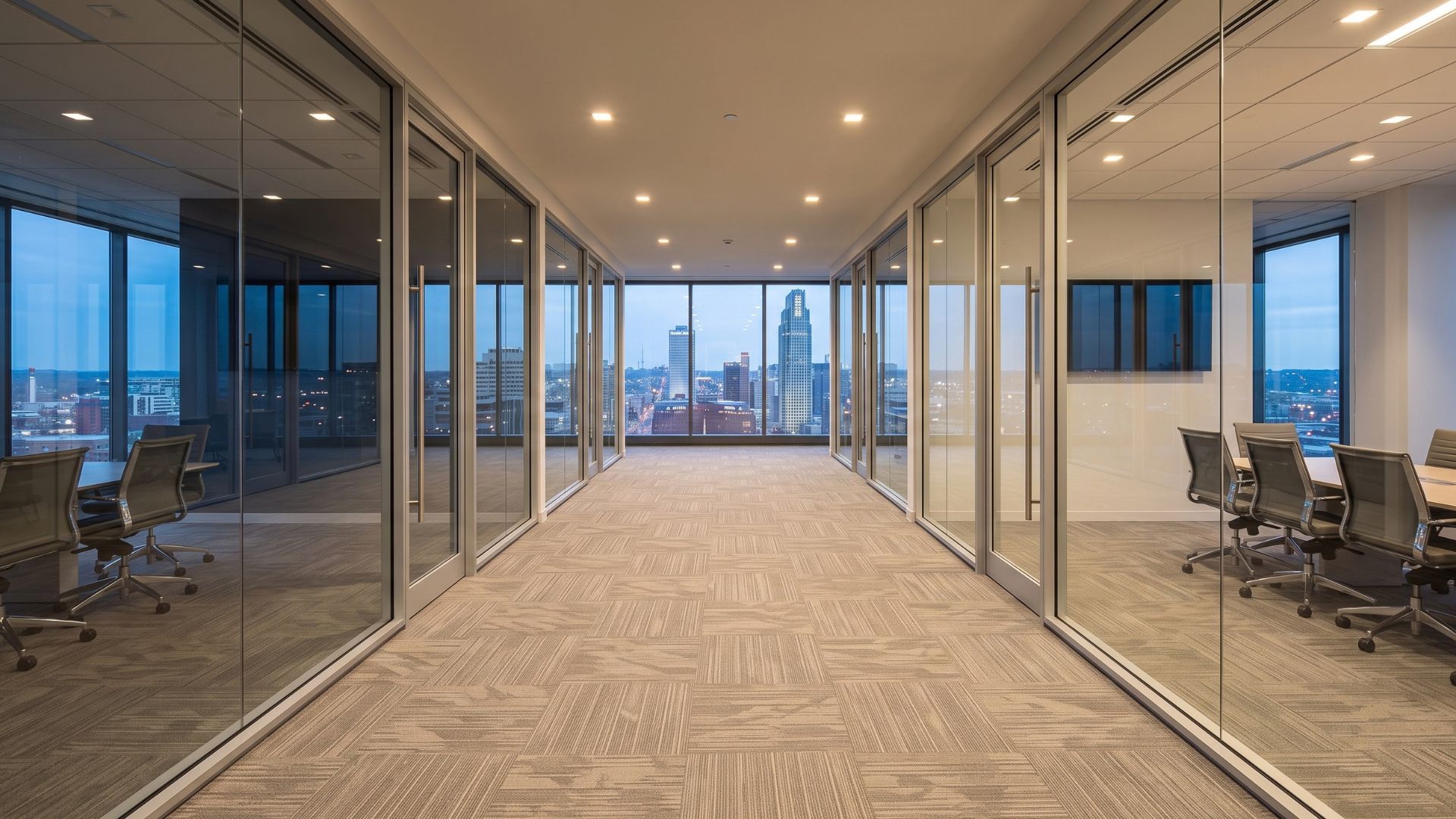 An empty, modern office corridor with freshly cleaned carpets at dusk.