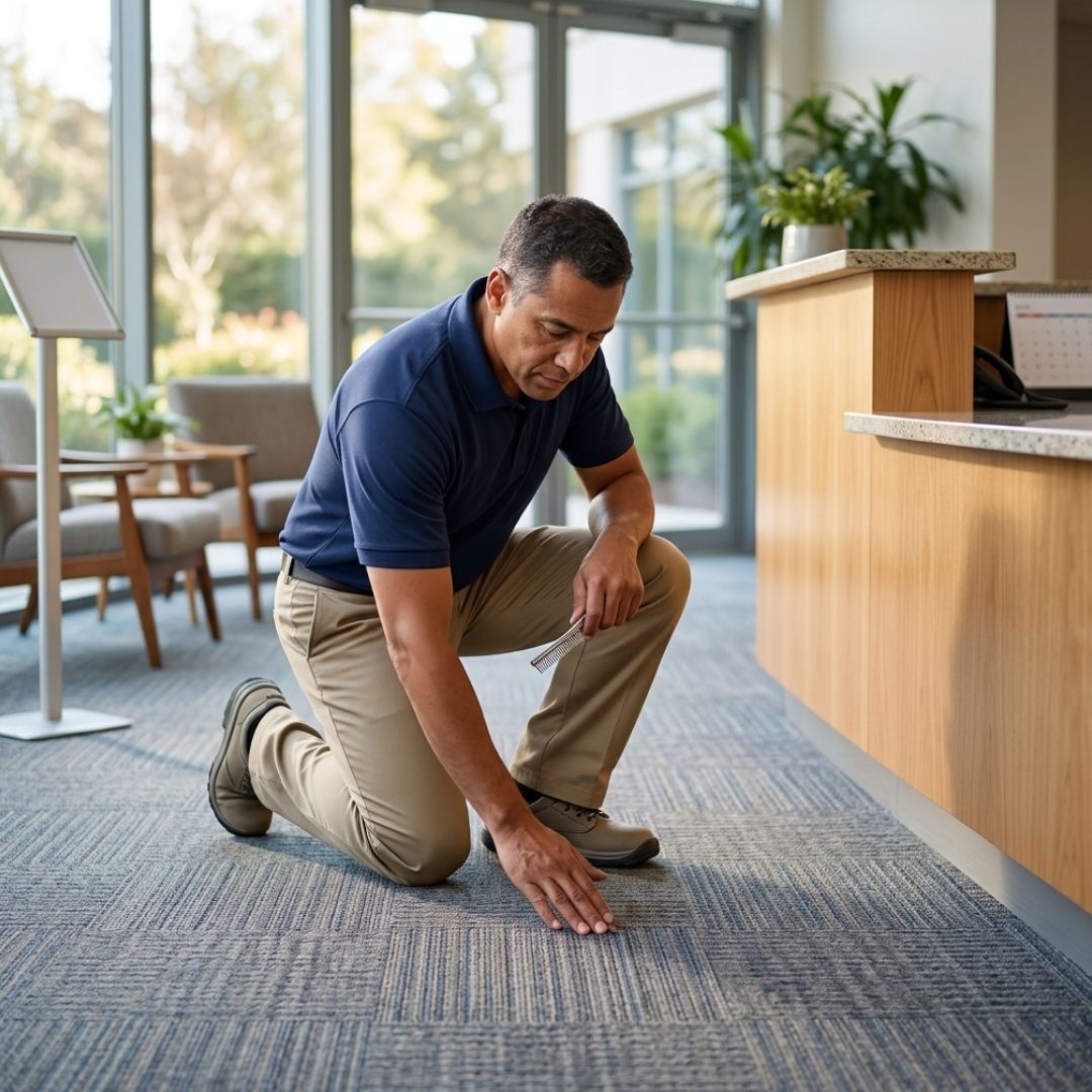  A cleaning professional inspecting a freshly cleaned carpet in an office reception area.