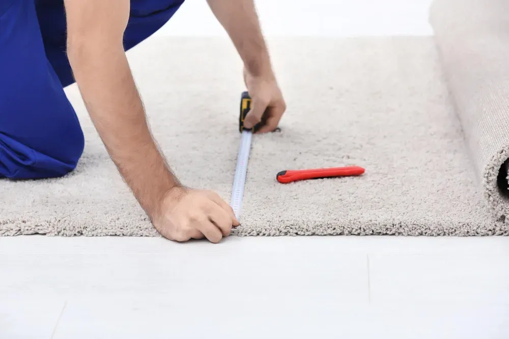 A man is measuring a carpet with a tape measure in Bennington, NE home.