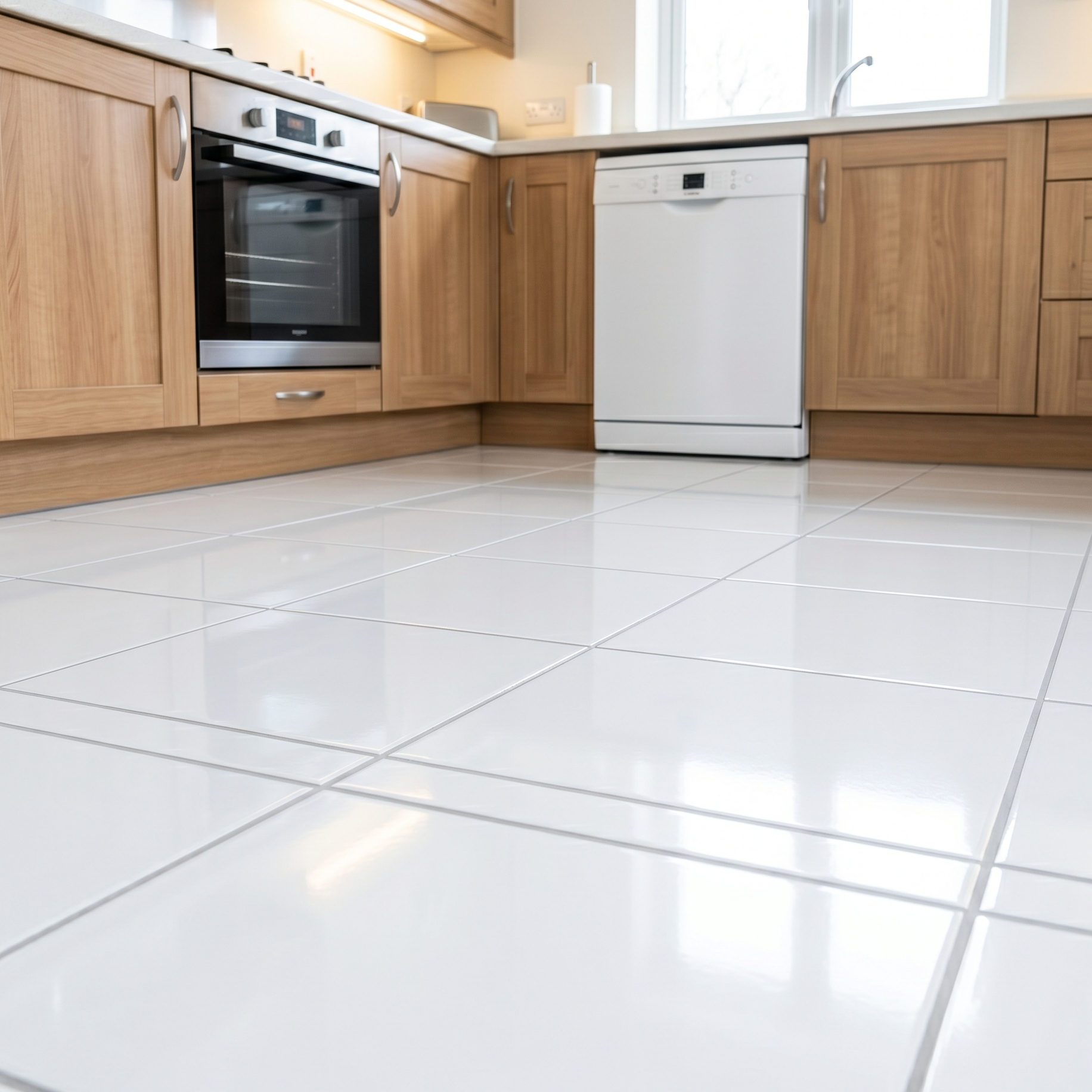 Bright kitchen with white tiled floor, wooden cabinets, built-in oven, and a dishwasher near a window
