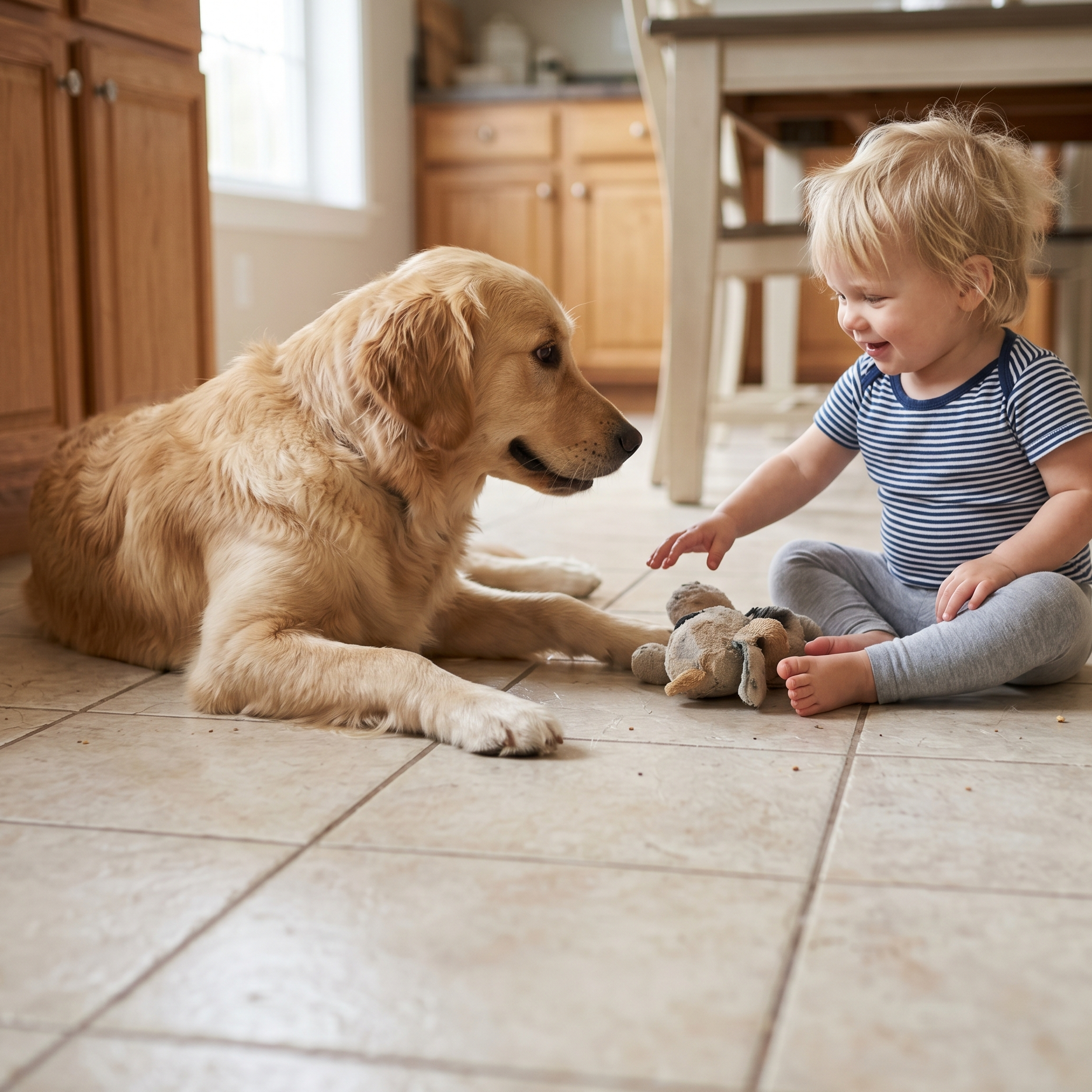 Golden retriever lying on kitchen floor, gently facing a toddler reaching toward toys.