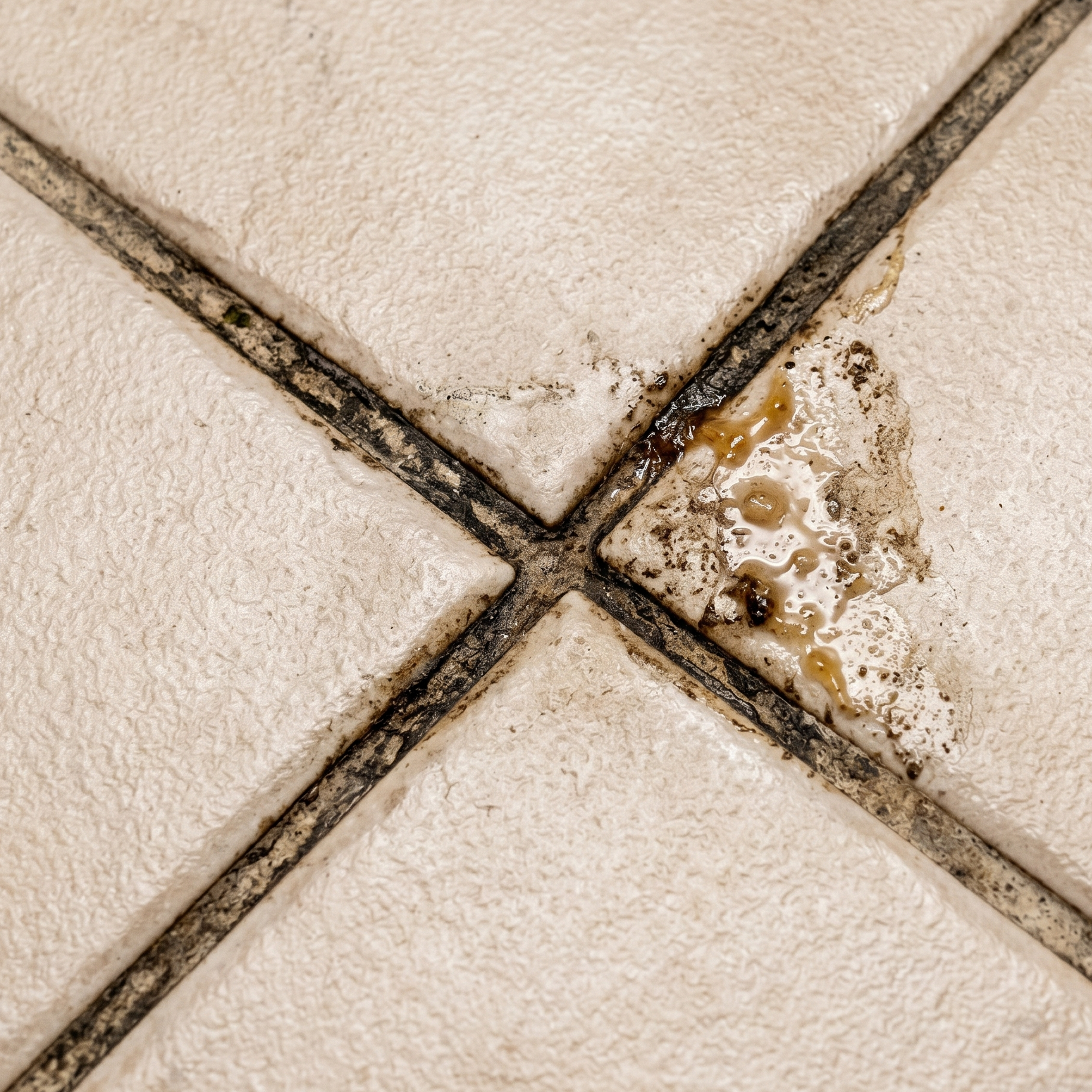 Close-up of beige floor tiles with dirty grout and a stained corner seam