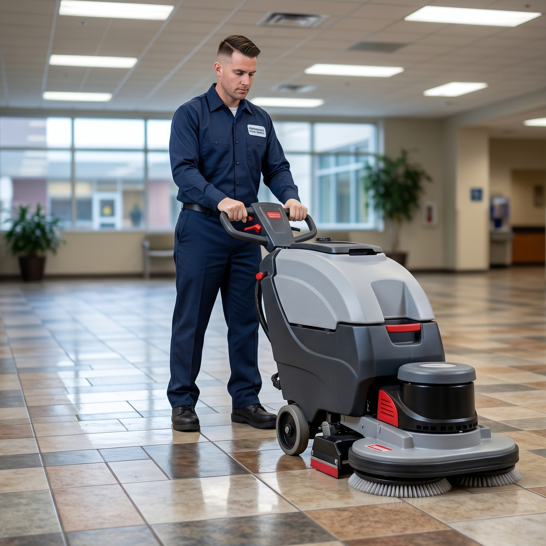 Man operating a floor scrubber in a bright office lobby with tiled floors.