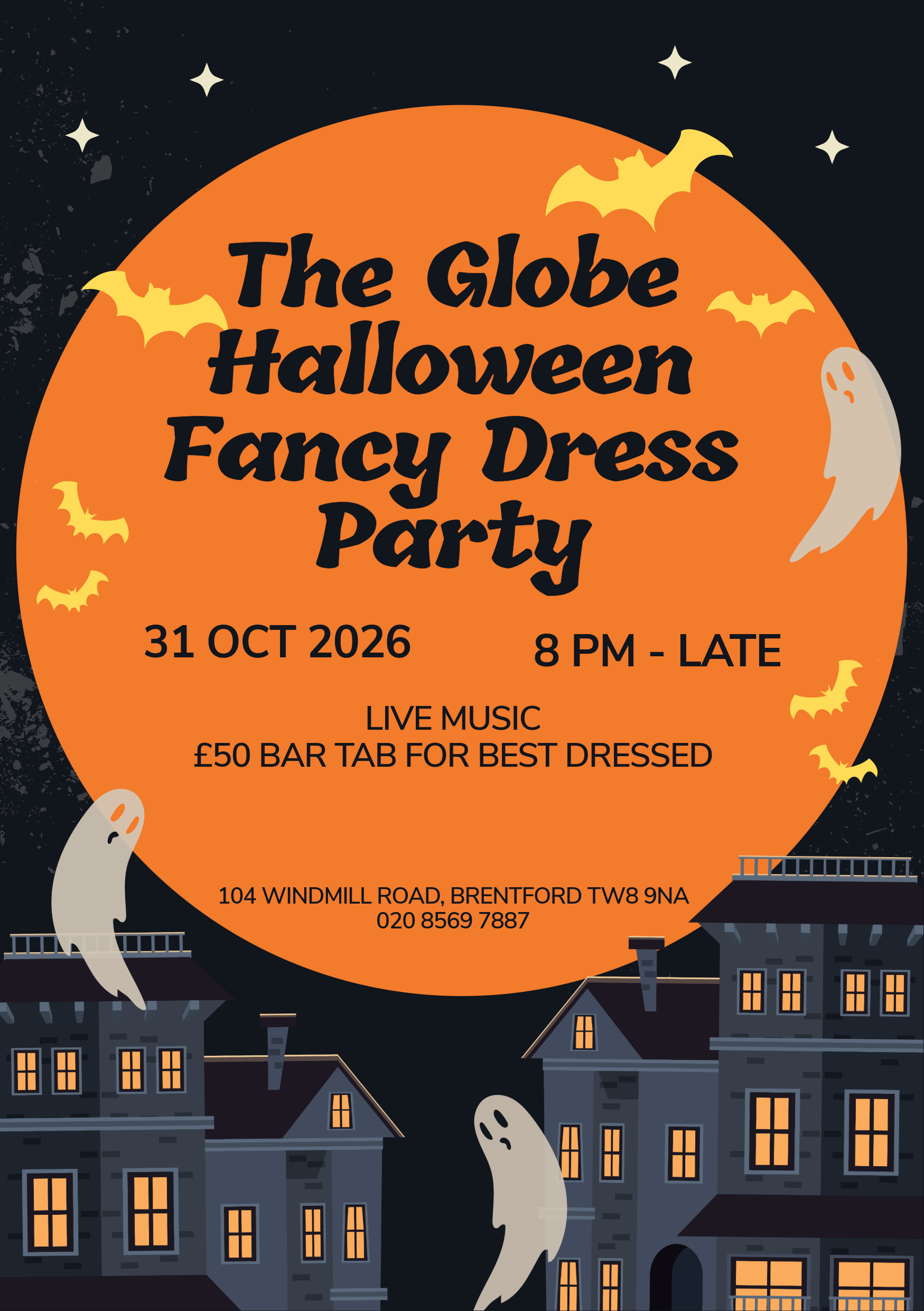 The Globe, Brentford | Halloween party poster with orange moon, ghosts, and dark houses, titled “The Globe Halloween Fancy Dress Party.”