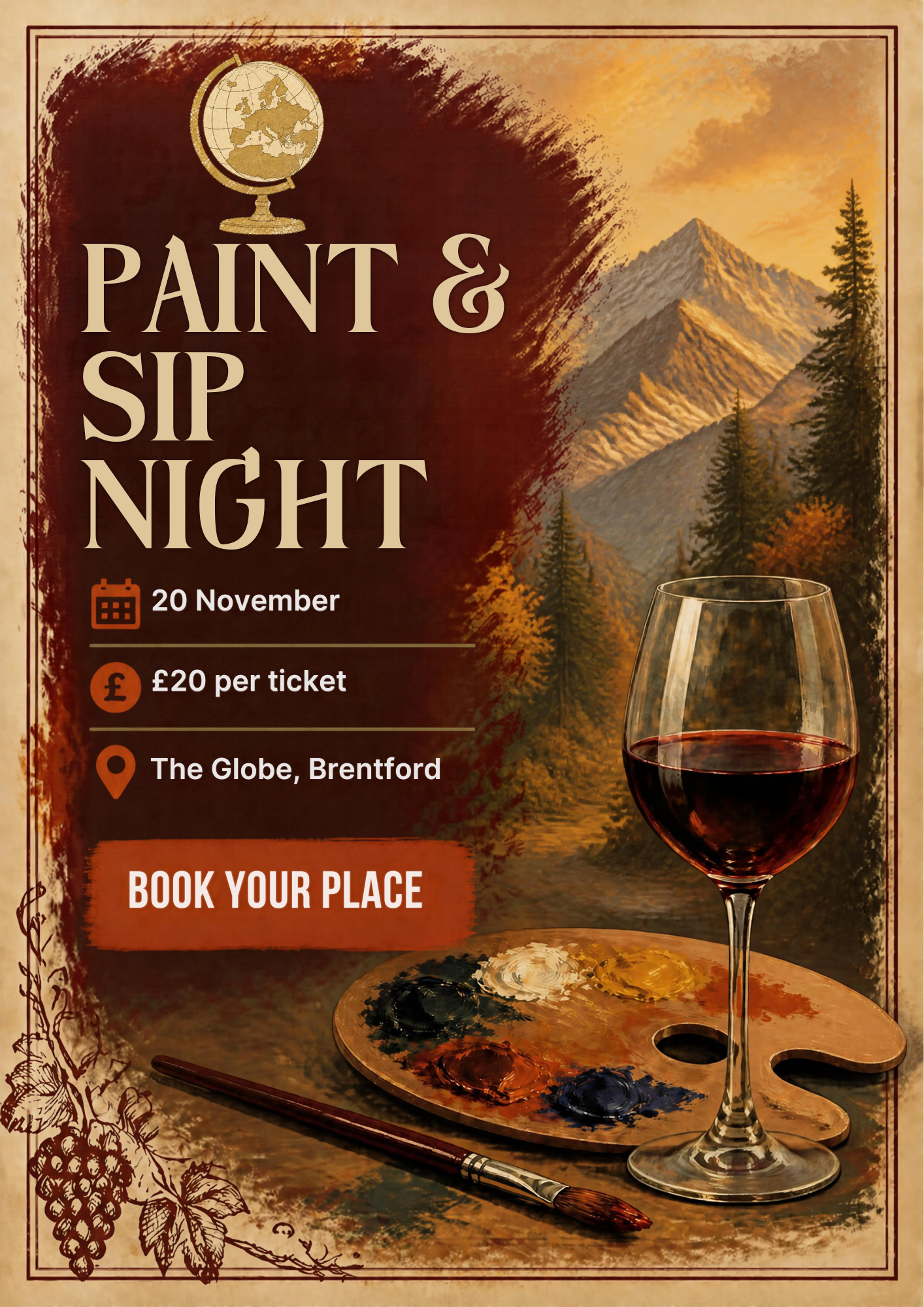 The Globe, Brentford | Paint & Sip Night poster with wine glass, paint palette, and mountain sunset; Nov 20, £20, The Gobe, Brentford