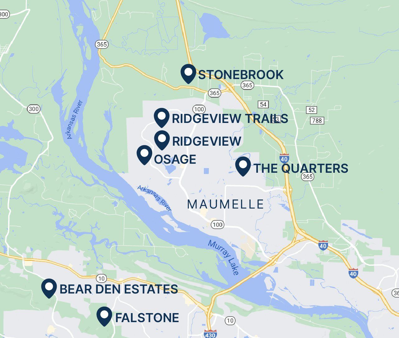 stonebrook, ridgeview estates, ridgeview, osage, the quaters, and bearden estates