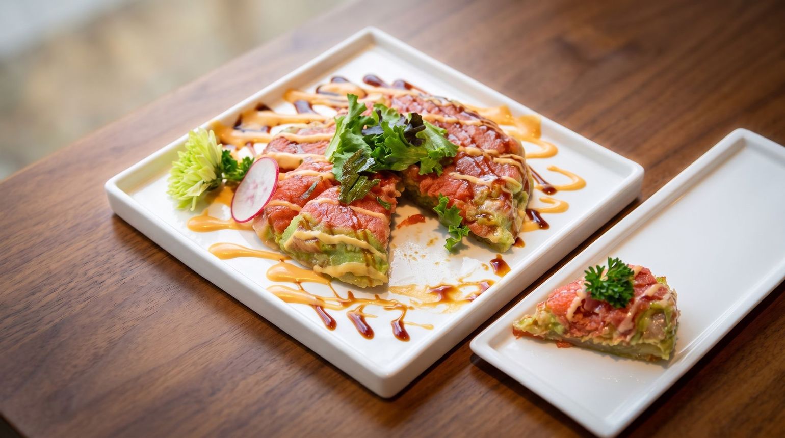 Sliced sashimi with green garnish on a white rectangular platter