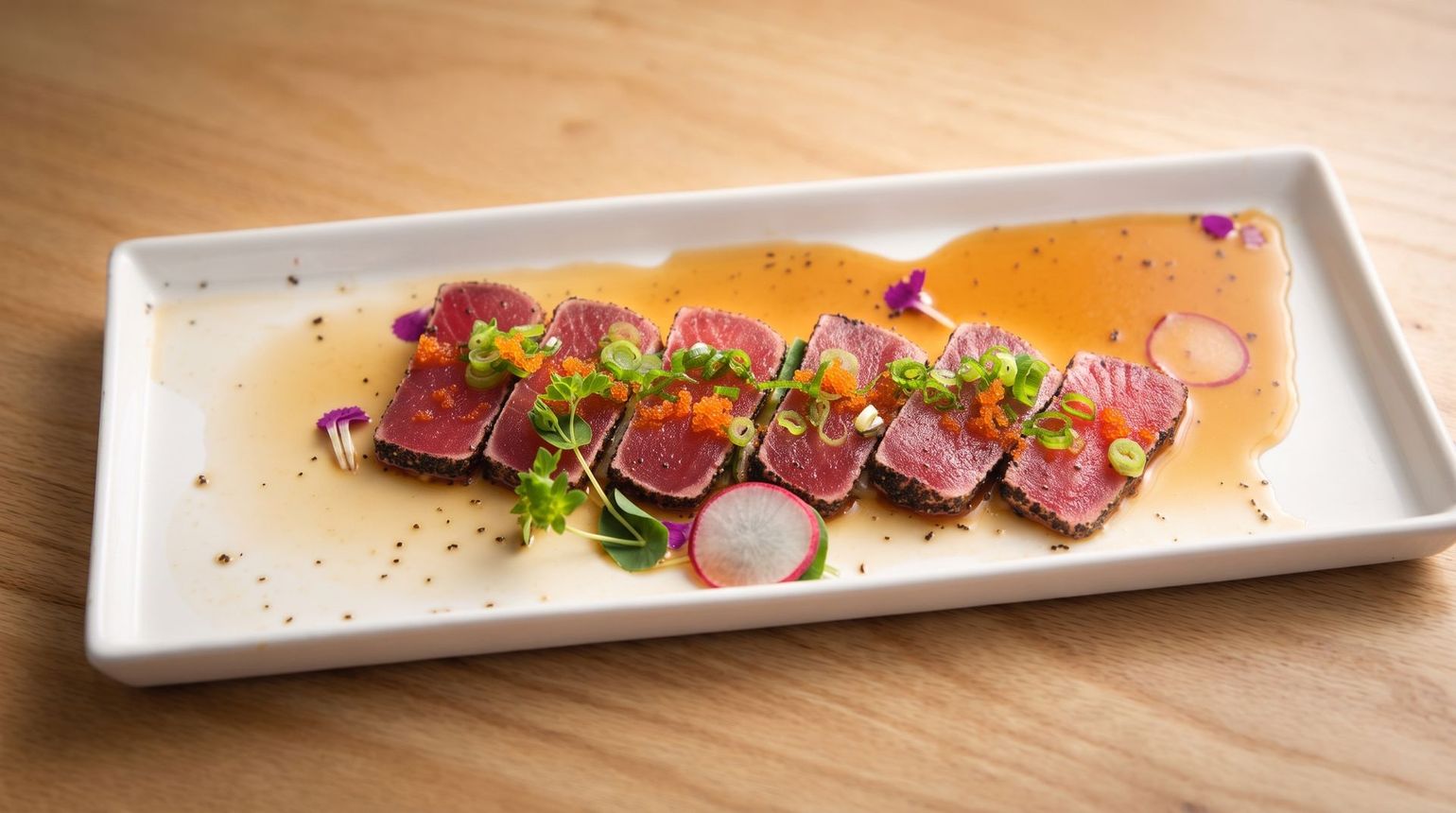 Sliced seared tuna with pink sauce and microgreens on a white rectangular plate