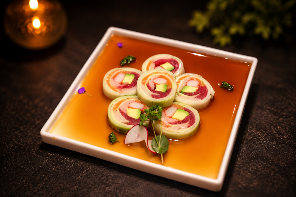 Sushi rolls topped with colorful slices on a rectangular platter in a dimly lit restaurant setting