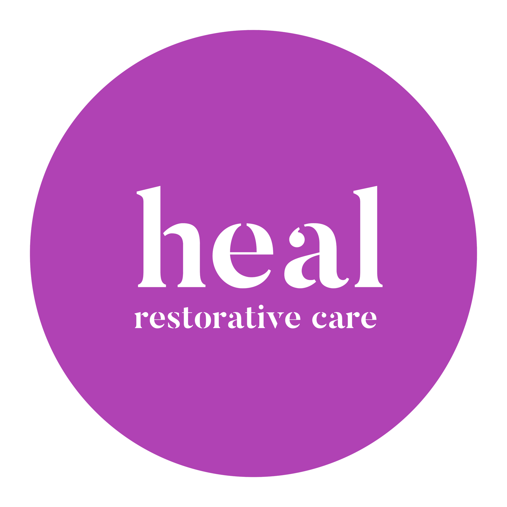 Purple circle logo with white text reading “heal” and “restorative care”