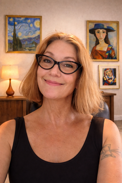 Smiling woman with glasses in a black top, seated in a room with framed paintings and a lamp.