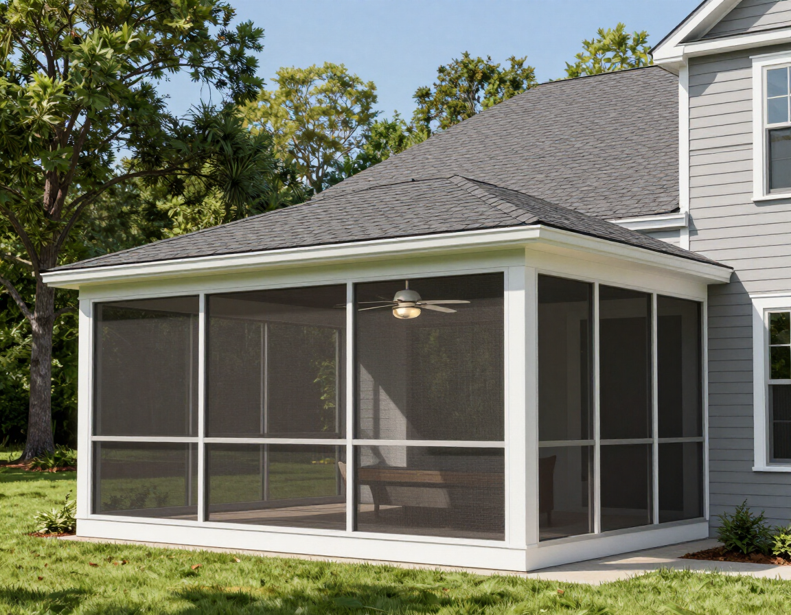 Screened-in porch attached to a gray house with white trim and a ceiling fan.