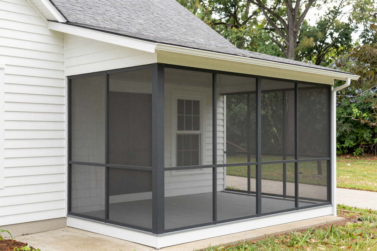 Enclosed screened porch attached to a white house, with dark mesh panels and a covered roof.