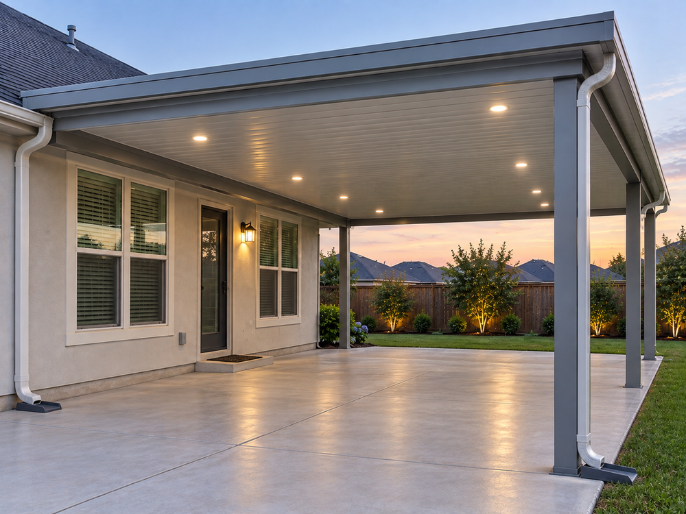 Covered porch with wicker seating, patterned rug, and warm sunset light through screened windows.