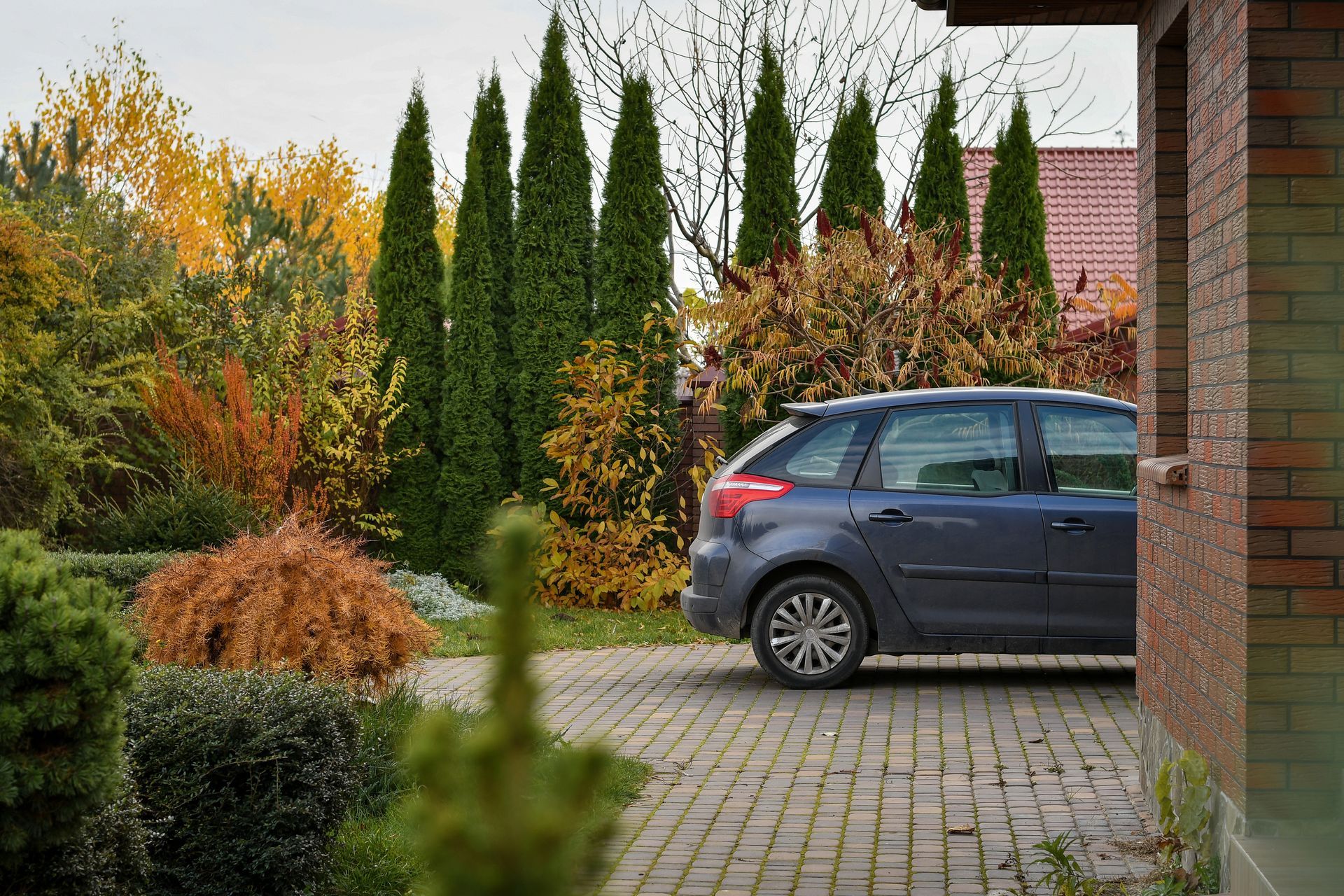 Blue car parked in a paved driveway beside a brick house, with tall shrubs and autumn trees nearby