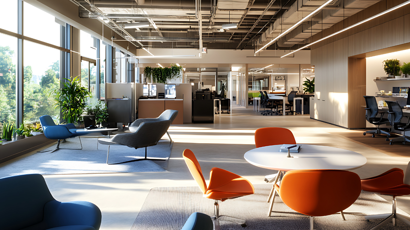 Modern office interior with lounge area; orange and blue chairs, large windows, and plants.