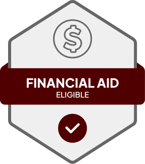 Badge: Financial Aid Eligible, blue banner, building icon, dollar sign.
