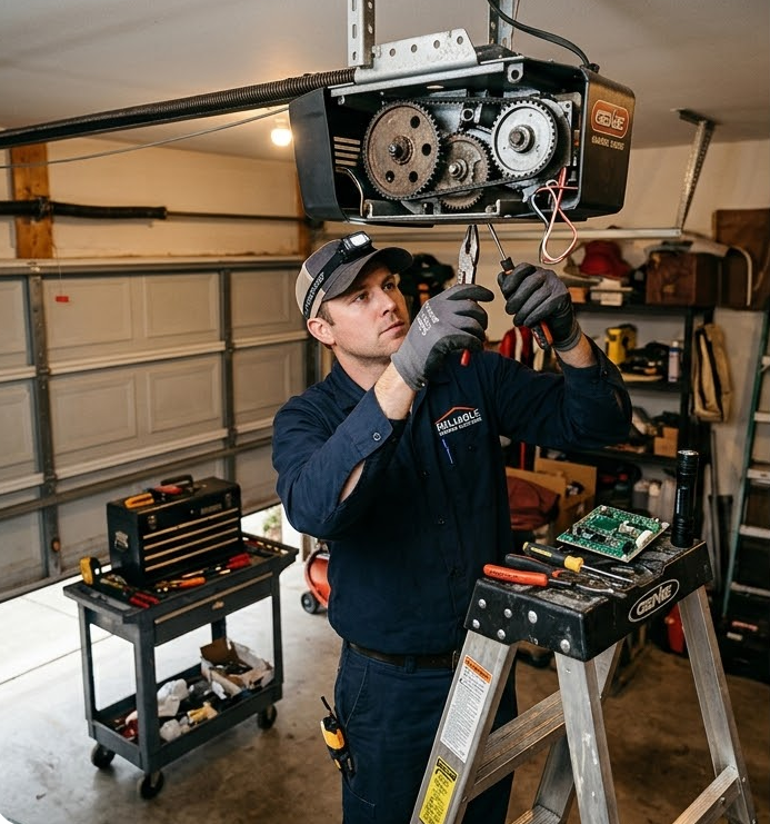 Technician repairing a Genie garage door opener.