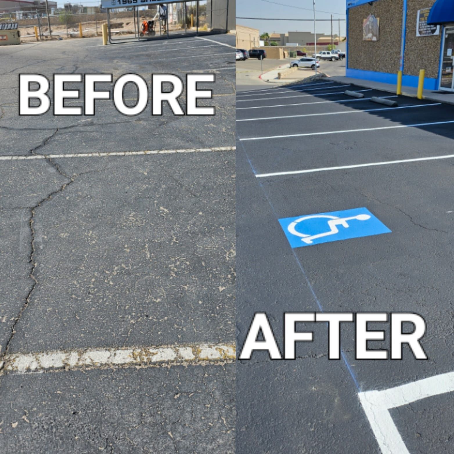 A before and after photo of a parking lot